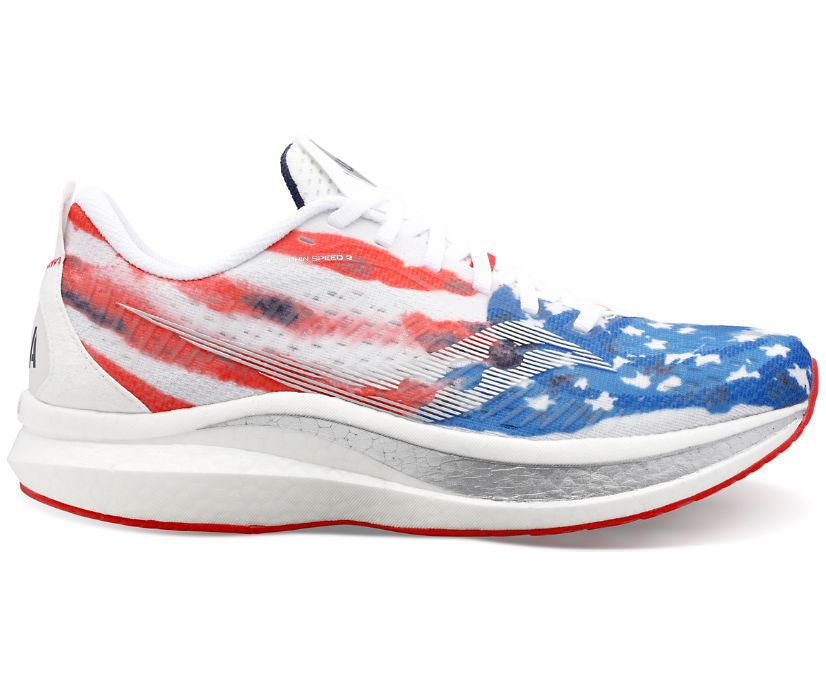 Men\'s Saucony Stars & Stripes Endorphin Speed 2 Running Shoes Red White Blue | UK-58270